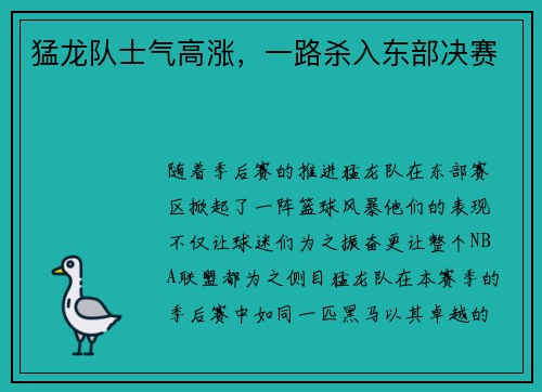 猛龙队士气高涨，一路杀入东部决赛